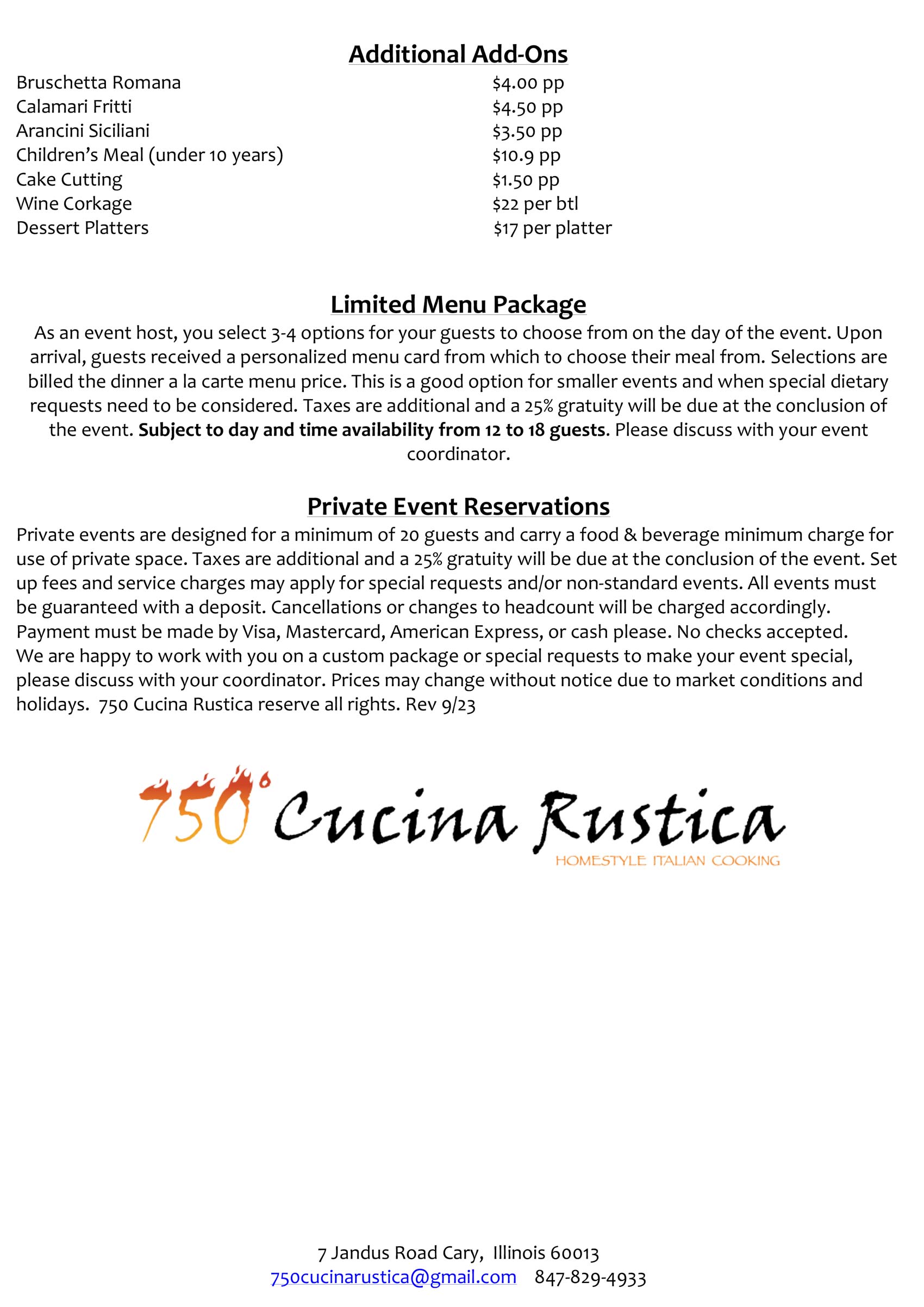 Private Event Menu