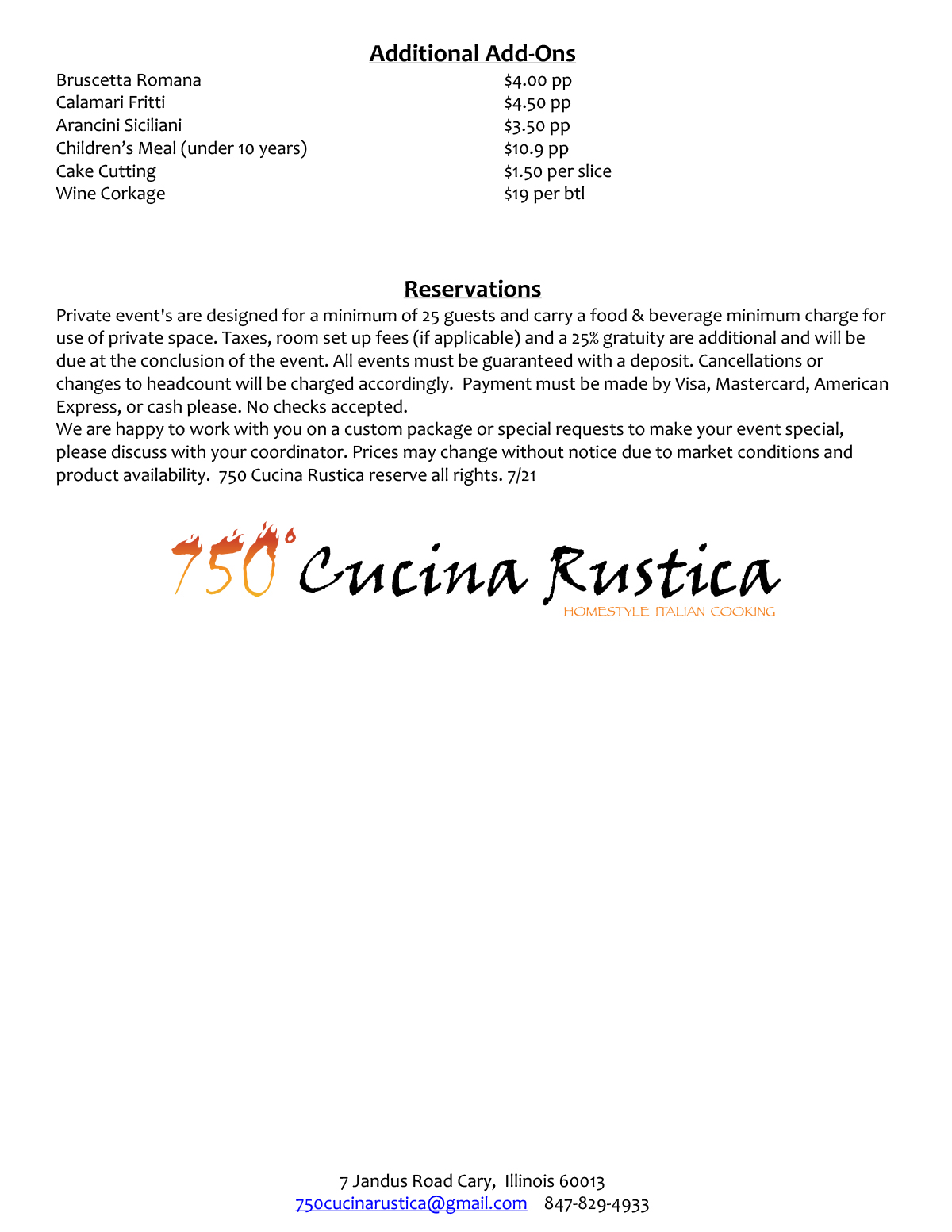 Private Event Menu